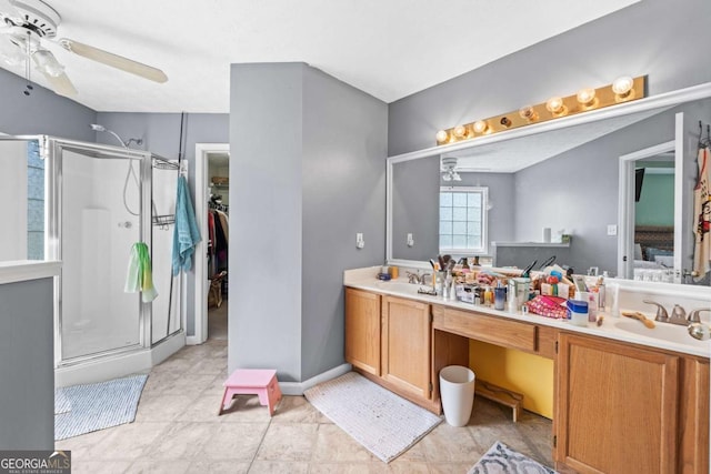 850 Long Branch Cir, Sugar Hill, GA 30518 - full bathroom with ceiling fan, a stall shower, double vanity, a spacious closet, and tile patterned floors