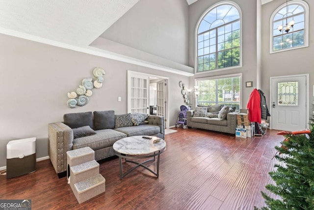 850 Long Branch Cir, Sugar Hill, GA 30518 - living area with wood finished floors, plenty of natural light, a towering ceiling, baseboards, and crown molding