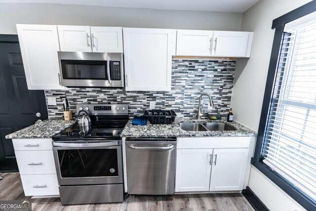 1764 Spring Ave, East Point, GA 30344 - kitchen featuring appliances with stainless steel finishes, light stone counters, and wood finished floors