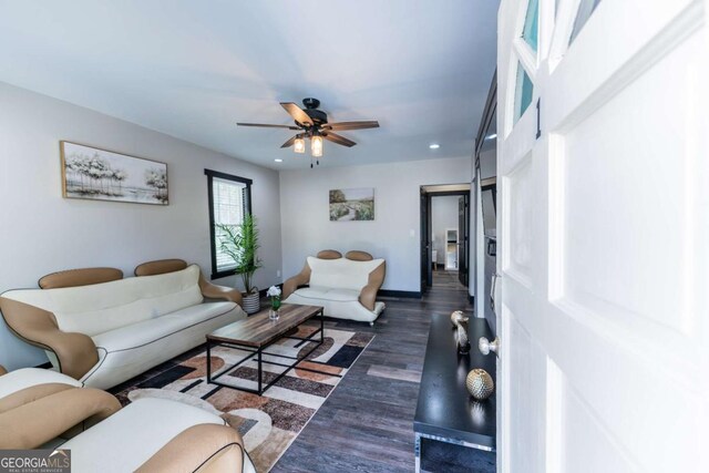 1764 Spring Ave, East Point, GA 30344 - living area with dark wood-style floors, ceiling fan, and recessed lighting