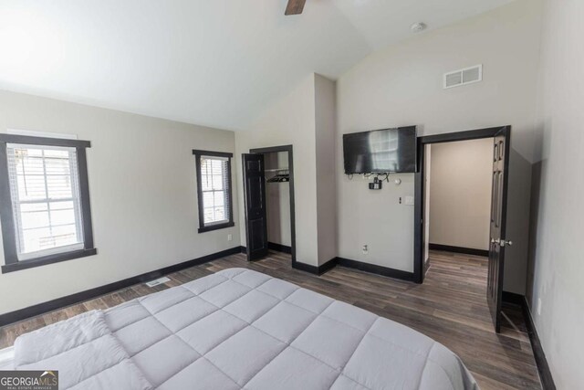 1764 Spring Ave, East Point, GA 30344 - bedroom featuring vaulted ceiling, dark wood-type flooring, and ceiling fan