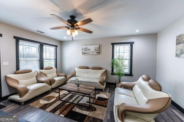 1764 Spring Ave, East Point, GA 30344 - living room with ceiling fan, wood finished floors, healthy amount of natural light, and recessed lighting