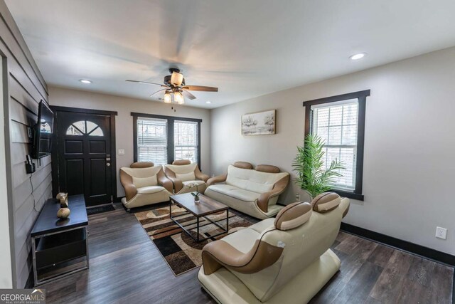 1764 Spring Ave, East Point, GA 30344 - living area with wood finished floors, ceiling fan, and recessed lighting