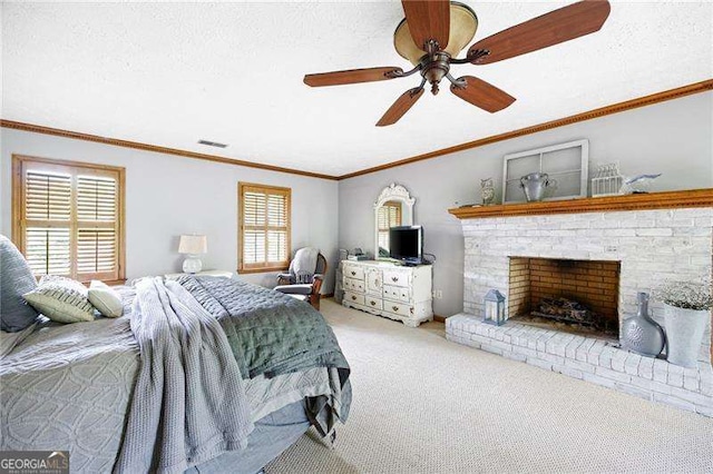 2041 Millspring Way NW, Kennesaw, GA 30152 - bedroom with carpet, crown molding, a textured ceiling, a brick fireplace, and a ceiling fan