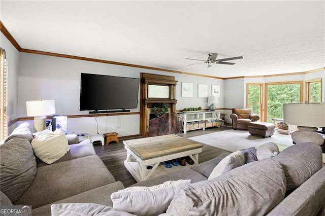 2041 Millspring Way NW, Kennesaw, GA 30152 - living area with wood finished floors, a ceiling fan, and crown molding