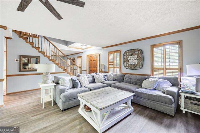 2041 Millspring Way NW, Kennesaw, GA 30152 - living room with stairs, wood finished floors, ornamental molding, a textured ceiling, and a ceiling fan