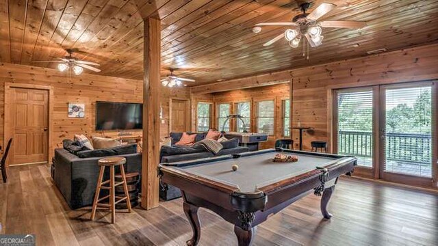 437 Spruce Cir Unit G, Mineral Bluff, GA 30559 - game room with wooden ceiling, a ceiling fan, wood walls, wood finished floors, and billiards