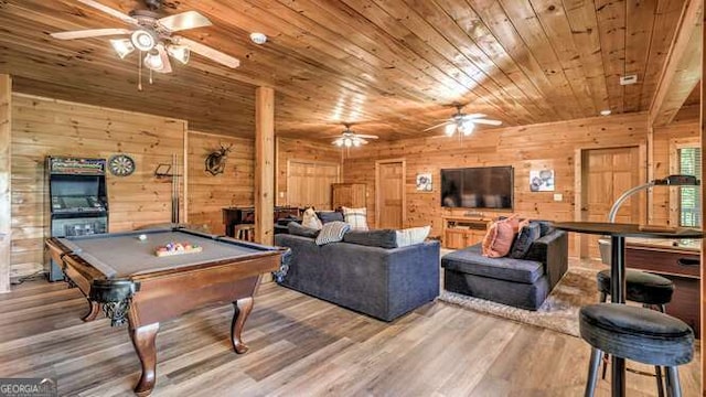 437 Spruce Cir Unit G, Mineral Bluff, GA 30559 - rec room featuring ceiling fan, wood ceiling, wooden walls, wood finished floors, and pool table