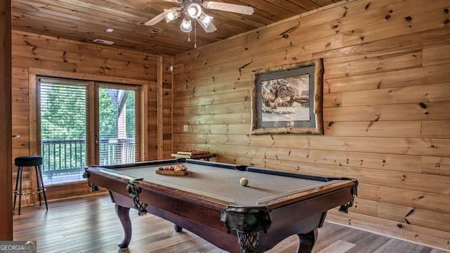 437 Spruce Cir Unit G, Mineral Bluff, GA 30559 - game room with wood ceiling, billiards table, ceiling fan, wooden walls, and wood finished floors