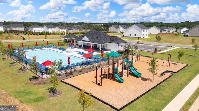 170 Aster Ave, Locust Grove, GA 30248 - community play area featuring a residential view, a gazebo, a community pool, and a patio