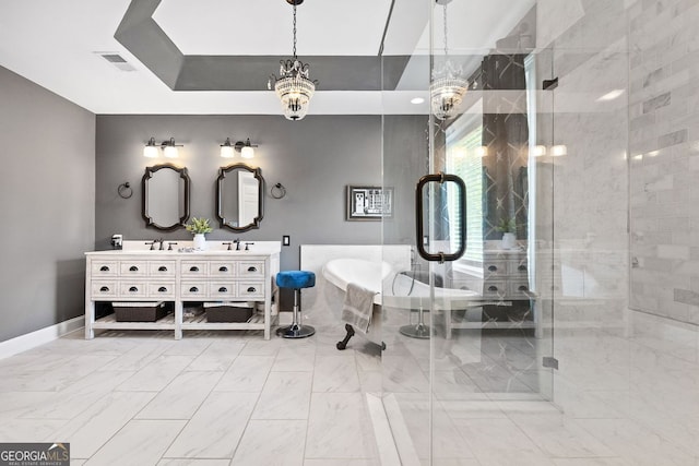 4527 Village Springs Run, Dunwoody, GA 30338 - full bath featuring double vanity, a freestanding bath, a stall shower, and baseboards