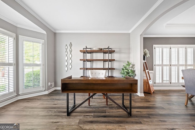 4527 Village Springs Run, Dunwoody, GA 30338 - home office featuring arched walkways, dark wood-type flooring, ornamental molding, and baseboards