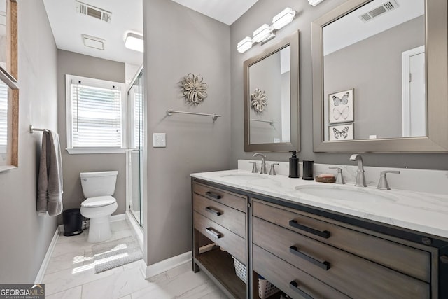 4527 Village Springs Run, Dunwoody, GA 30338 - bathroom with toilet, baseboards, double vanity, a shower stall, and marble finish flooring