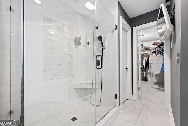 4527 Village Springs Run, Dunwoody, GA 30338 - bathroom with a stall shower, a spacious closet, and marble finish floors