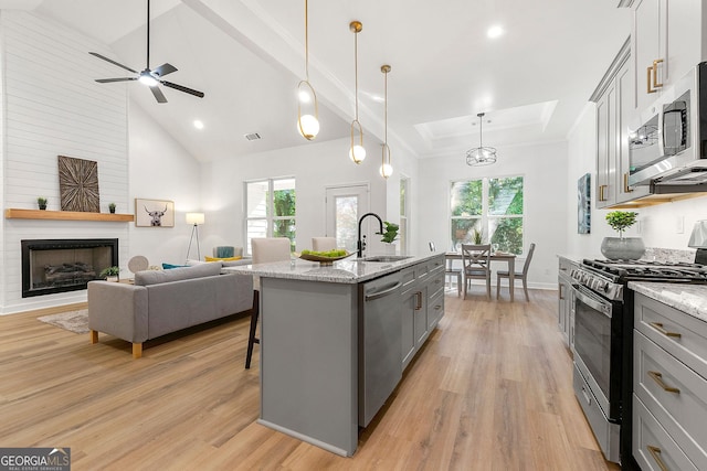8544 Plumtree Dr, Riverdale, GA 30274 - kitchen with stainless steel appliances, a sink, gray cabinets, a large fireplace, and light wood finished floors
