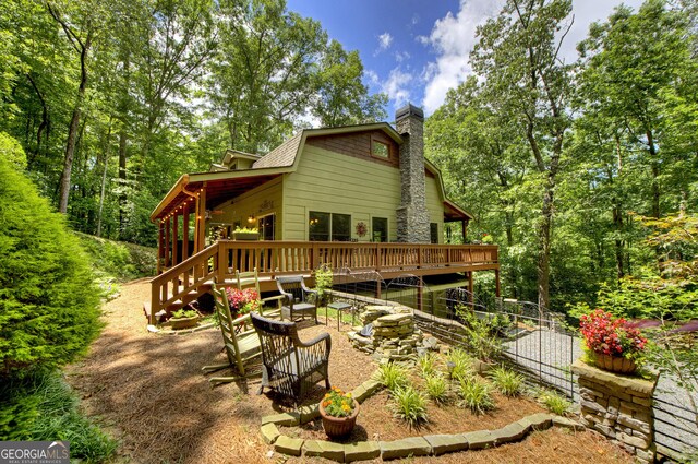 744 Dover Falls Trl, Ellijay, GA 30540 - rear view of property with a deck, a chimney, and a patio area