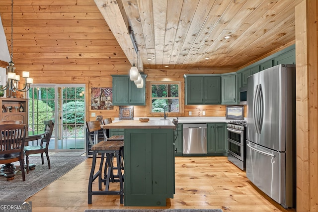 744 Dover Falls Trl, Ellijay, GA 30540 - kitchen with green cabinets, appliances with stainless steel finishes, wooden ceiling, light wood-type flooring, and healthy amount of natural light