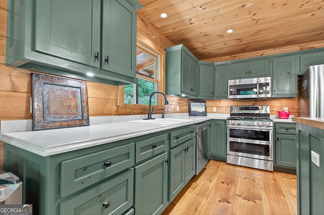 744 Dover Falls Trl, Ellijay, GA 30540 - kitchen with appliances with stainless steel finishes, green cabinets, wood ceiling, light countertops, and light wood-style floors