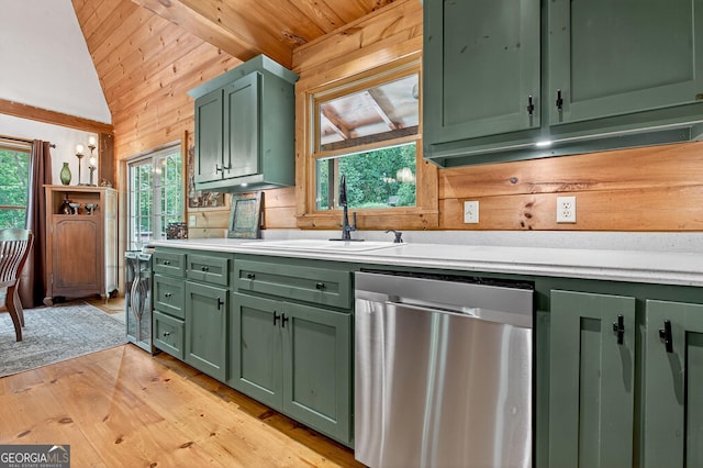 744 Dover Falls Trl, Ellijay, GA 30540 - kitchen with green cabinetry, dishwasher, vaulted ceiling, light countertops, and wooden ceiling