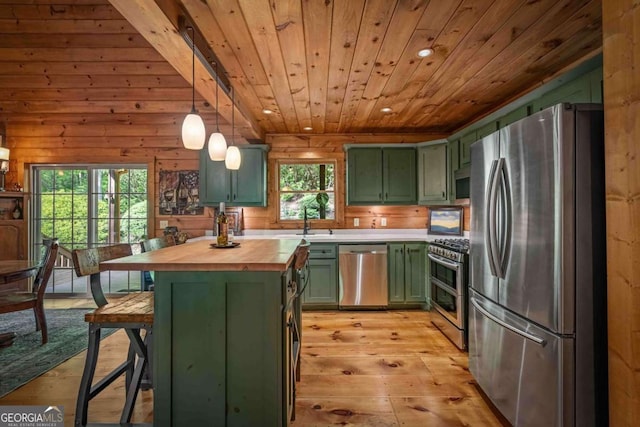 744 Dover Falls Trl, Ellijay, GA 30540 - kitchen with green cabinetry, stainless steel appliances, wood counters, wooden ceiling, and light wood finished floors