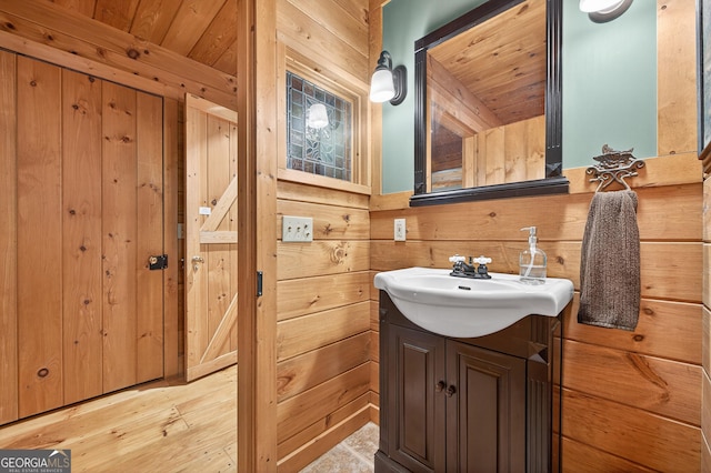 744 Dover Falls Trl, Ellijay, GA 30540 - bathroom featuring vanity, wood walls, and wood finished floors
