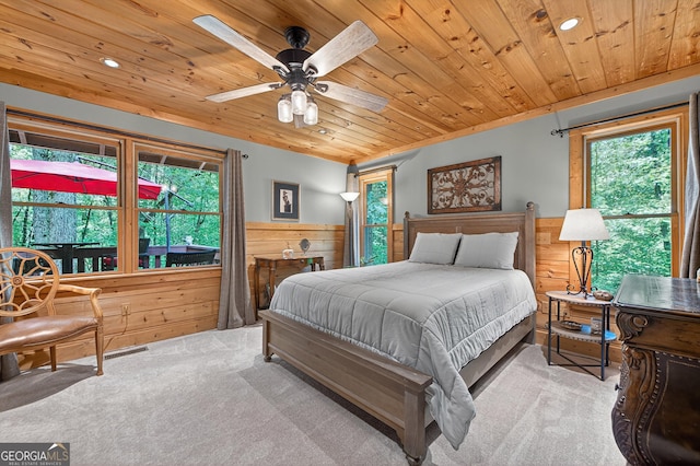 744 Dover Falls Trl, Ellijay, GA 30540 - carpeted bedroom featuring wood ceiling, wooden walls, wainscoting, and recessed lighting