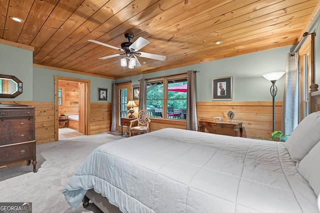 744 Dover Falls Trl, Ellijay, GA 30540 - bedroom featuring wood walls, wood ceiling, wainscoting, carpet floors, and ensuite bathroom