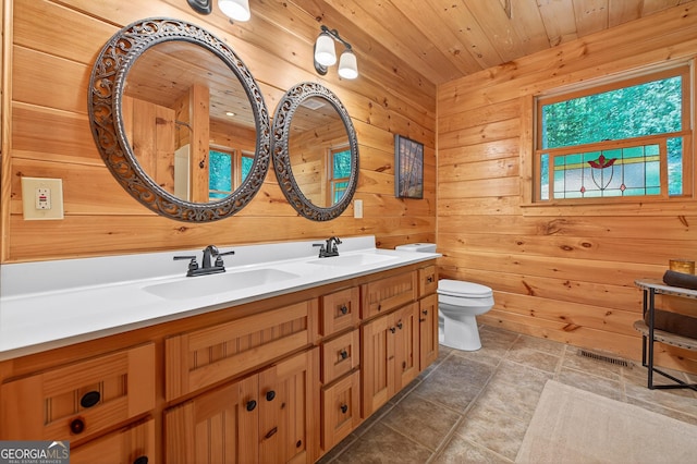 744 Dover Falls Trl, Ellijay, GA 30540 - full bath featuring wood walls, double vanity, wooden ceiling, and stone finish floors