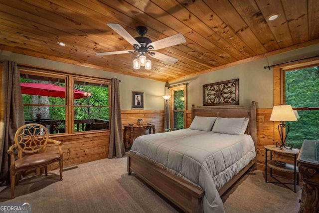 744 Dover Falls Trl, Ellijay, GA 30540 - bedroom with wooden ceiling, wooden walls, carpet, and wainscoting