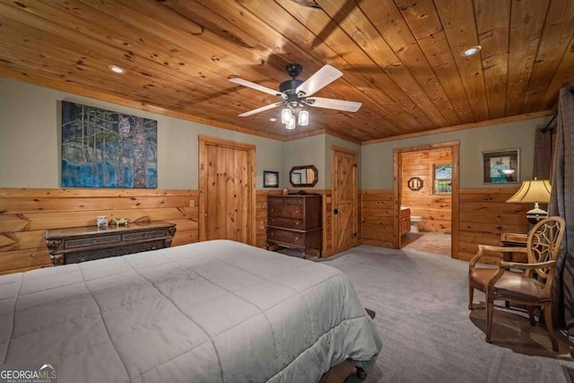744 Dover Falls Trl, Ellijay, GA 30540 - bedroom featuring carpet floors, wooden walls, wooden ceiling, a wainscoted wall, and recessed lighting