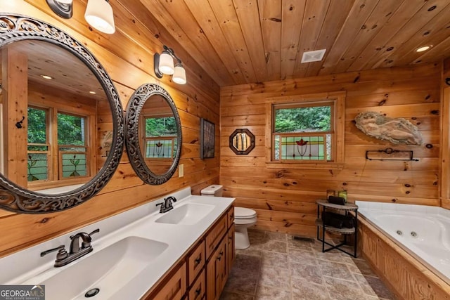 744 Dover Falls Trl, Ellijay, GA 30540 - full bathroom with toilet, a whirlpool tub, double vanity, wooden walls, and stone finish flooring