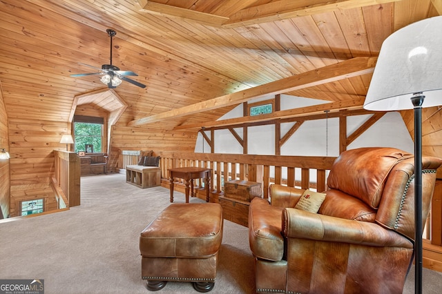 744 Dover Falls Trl, Ellijay, GA 30540 - living area with carpet floors, a ceiling fan, wooden ceiling, lofted ceiling, and wooden walls