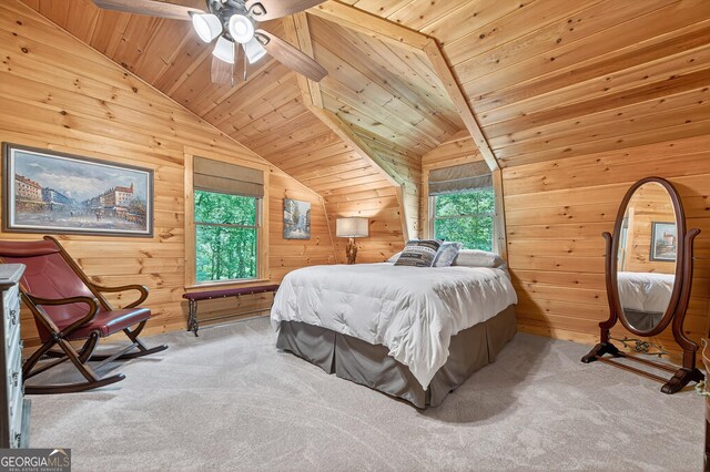 744 Dover Falls Trl, Ellijay, GA 30540 - carpeted bedroom featuring wood ceiling, wooden walls, and lofted ceiling