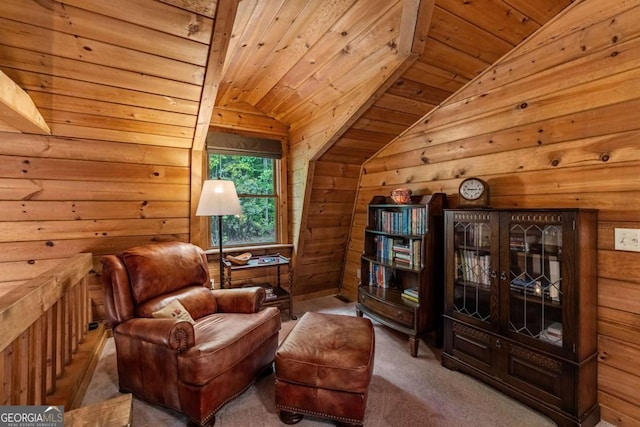 744 Dover Falls Trl, Ellijay, GA 30540 - sitting room featuring lofted ceiling, wood ceiling, carpet, and wood walls