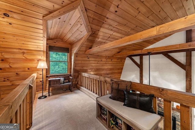 744 Dover Falls Trl, Ellijay, GA 30540 - living area featuring wood ceiling, vaulted ceiling, carpet floors, and wood walls