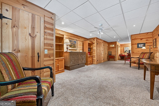 744 Dover Falls Trl, Ellijay, GA 30540 - sitting room featuring wood walls, carpet flooring, a ceiling fan, and recessed lighting