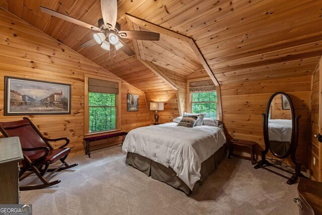 744 Dover Falls Trl, Ellijay, GA 30540 - carpeted bedroom with wood ceiling, wood walls, multiple windows, and lofted ceiling