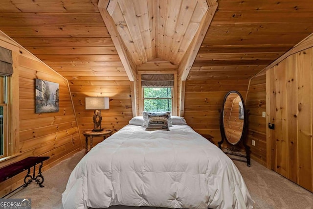 744 Dover Falls Trl, Ellijay, GA 30540 - carpeted bedroom with lofted ceiling, wooden ceiling, and wooden walls