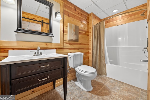 744 Dover Falls Trl, Ellijay, GA 30540 - full bathroom featuring vanity, wood walls, shower / bath combination with curtain, recessed lighting, and a paneled ceiling