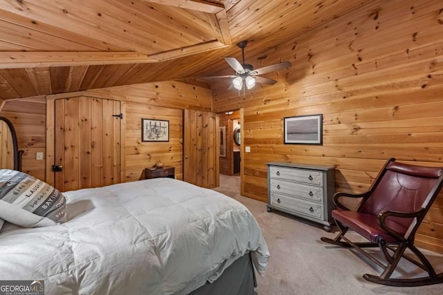 744 Dover Falls Trl, Ellijay, GA 30540 - bedroom with lofted ceiling, wood ceiling, wooden walls, and carpet flooring