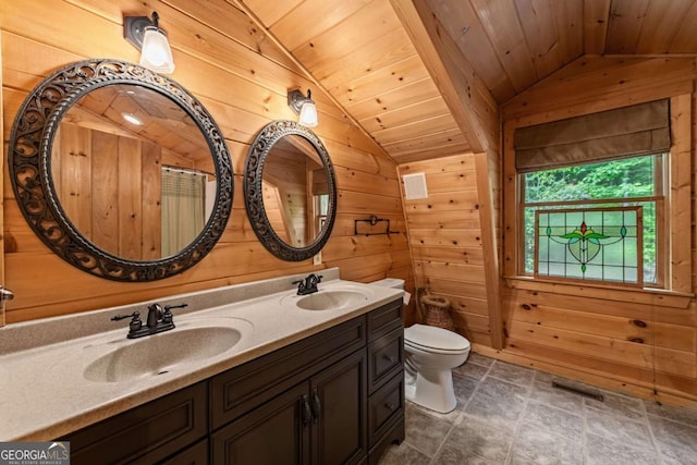 744 Dover Falls Trl, Ellijay, GA 30540 - full bathroom with vaulted ceiling, wooden walls, wooden ceiling, double vanity, and toilet