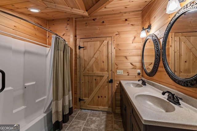 744 Dover Falls Trl, Ellijay, GA 30540 - bathroom featuring wooden walls, double vanity, wood ceiling, shower / tub combo, and stone finish flooring