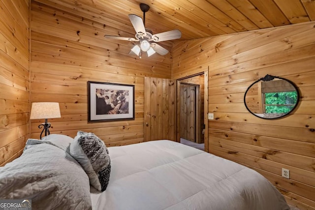 744 Dover Falls Trl, Ellijay, GA 30540 - bedroom with wooden walls, wooden ceiling, and ceiling fan