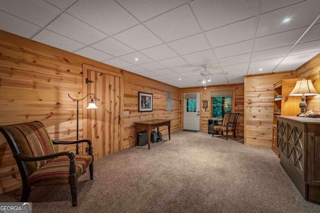 744 Dover Falls Trl, Ellijay, GA 30540 - living area featuring carpet floors, wooden walls, ceiling fan, recessed lighting, and a paneled ceiling