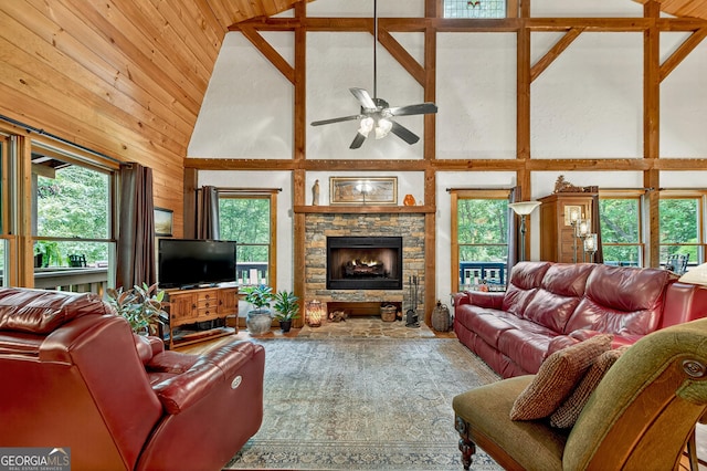 744 Dover Falls Trl, Ellijay, GA 30540 - living area with high vaulted ceiling, ceiling fan, a stone fireplace, wooden walls, and wood ceiling