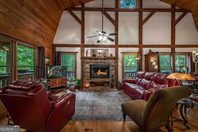 744 Dover Falls Trl, Ellijay, GA 30540 - living area featuring high vaulted ceiling, a fireplace, ceiling fan, wood ceiling, and wood finished floors