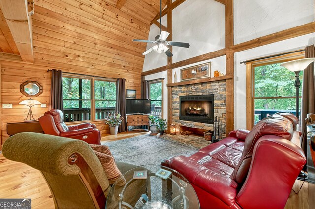 744 Dover Falls Trl, Ellijay, GA 30540 - living area with a ceiling fan, high vaulted ceiling, wood finished floors, wood walls, and a fireplace