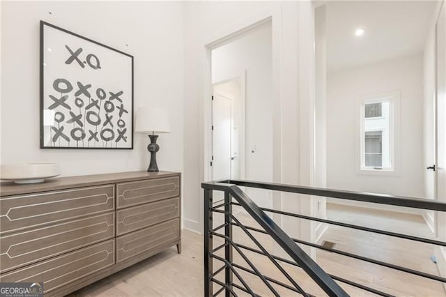 370 2nd St, Fayetteville, GA 30214 - hall with an upstairs landing, light wood-type flooring, and baseboards