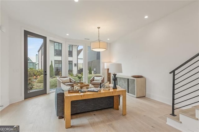 370 2nd St, Fayetteville, GA 30214 - living room with stairway, light wood-type flooring, recessed lighting, floor to ceiling windows, and baseboards