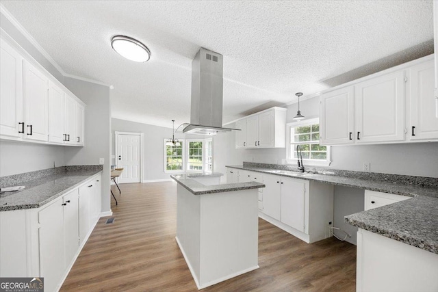 165 Forest Hill Dr, Eatonton, GA 31024 - kitchen with a sink, island exhaust hood, light wood finished floors, a kitchen island, and white cabinets